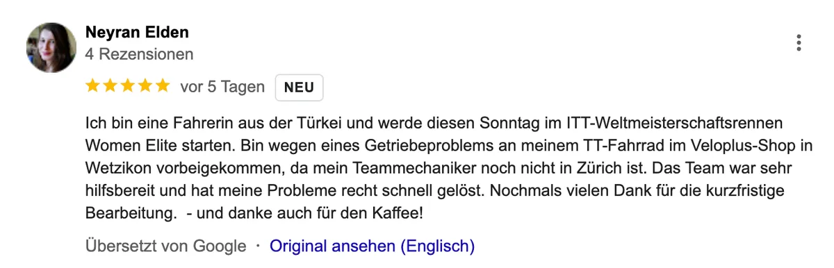 Die Rennradfahrerin hatte nur positive Worte für die Dienste der Veloplus-Mechaniker übrig. Ein Screenshot einer Google-Rezension.